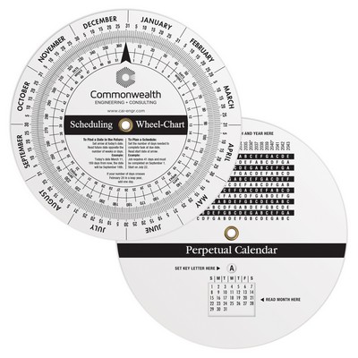 .020 White Plastic Wheel Calculator Perpetual Calendar & Scheduling (4.25" dia.) Spot Colour Imprint