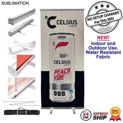 24Hr Express Ship - Sublimated Heavy Fabric Premium Retractable Pull Up Banner, Stand & Bag, 33.5x79
