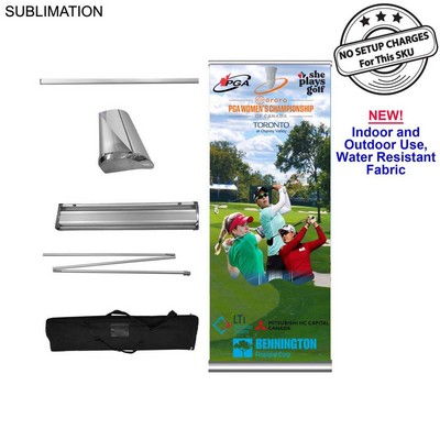 Sublimated Heavy Fabric Deluxe Wide Base Retractable Pull Up Banner, Stand and Bag, 33.5x79